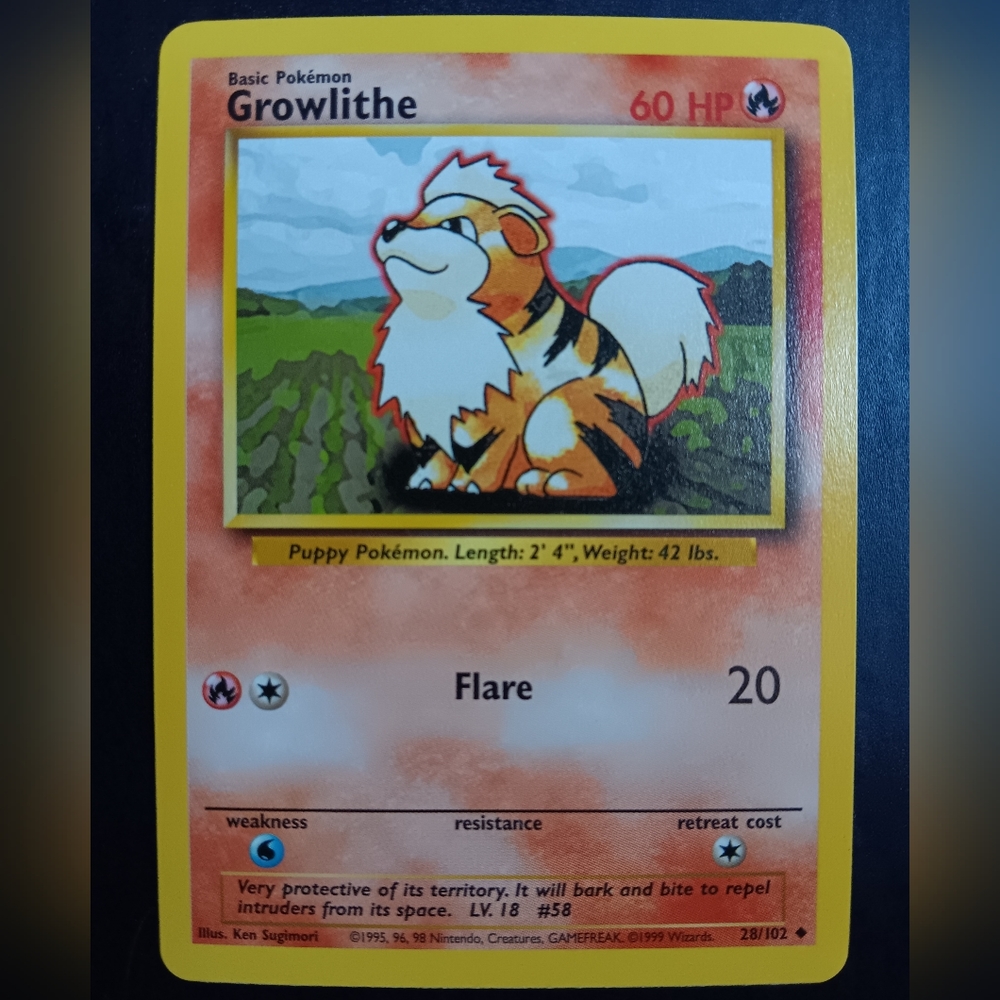 Growlithe Pokemon Card - Base Set - NO. 28/102 Uncommon Non-Holo